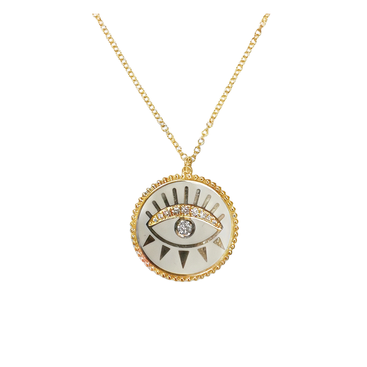 Diamond Evil Eye Necklace on White Enamel