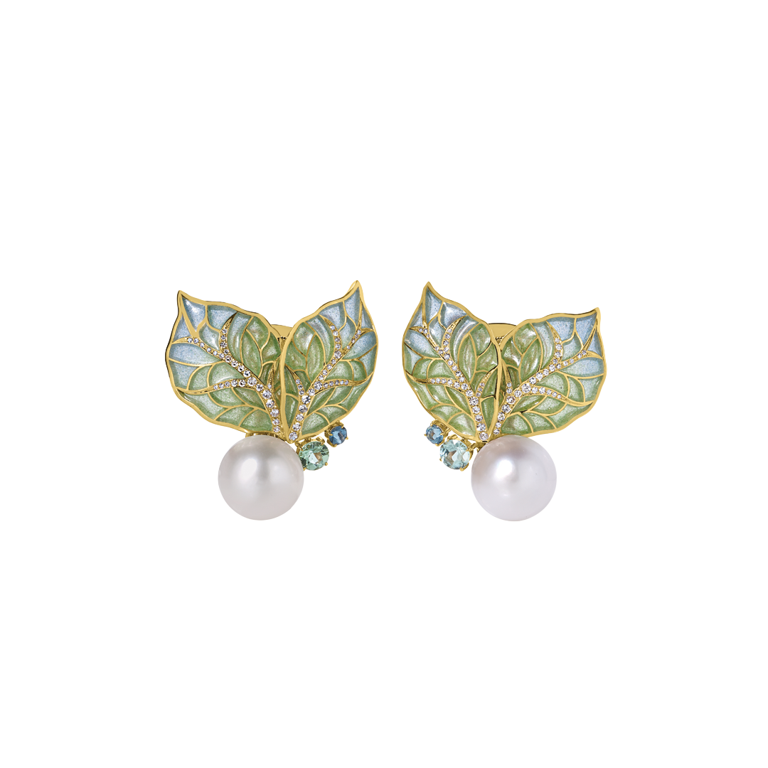 Leaf Earrings with Pearls and Diamonds