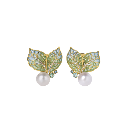 Leaf Earrings with Pearls and Diamonds