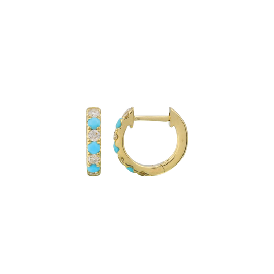 Alternating Turquoise and Diamond Huggie Hoop Earrings