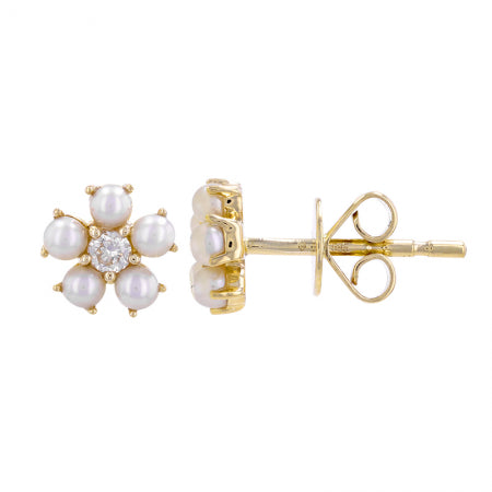 Pearl and Diamond Cluster Stud Earrings