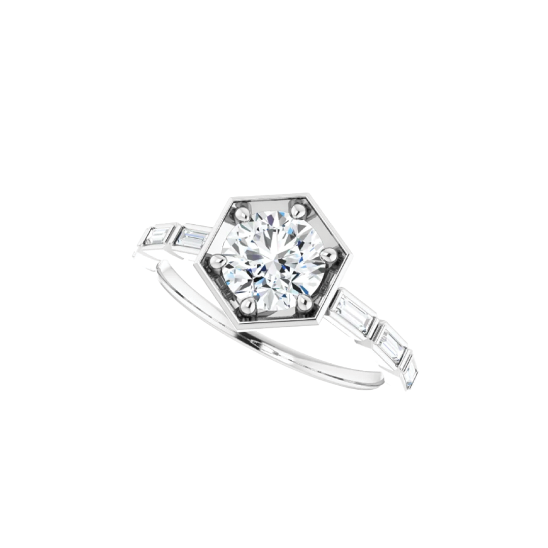 Round Diamond Engagment Ring Setting with Baguette Diamond Sides