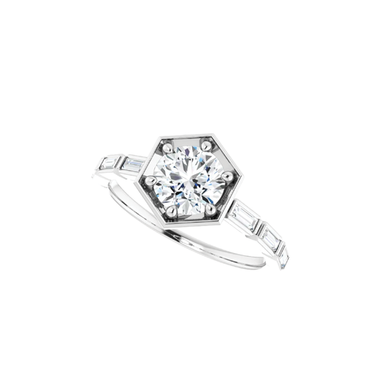 Round Diamond Engagment Ring Setting with Baguette Diamond Sides