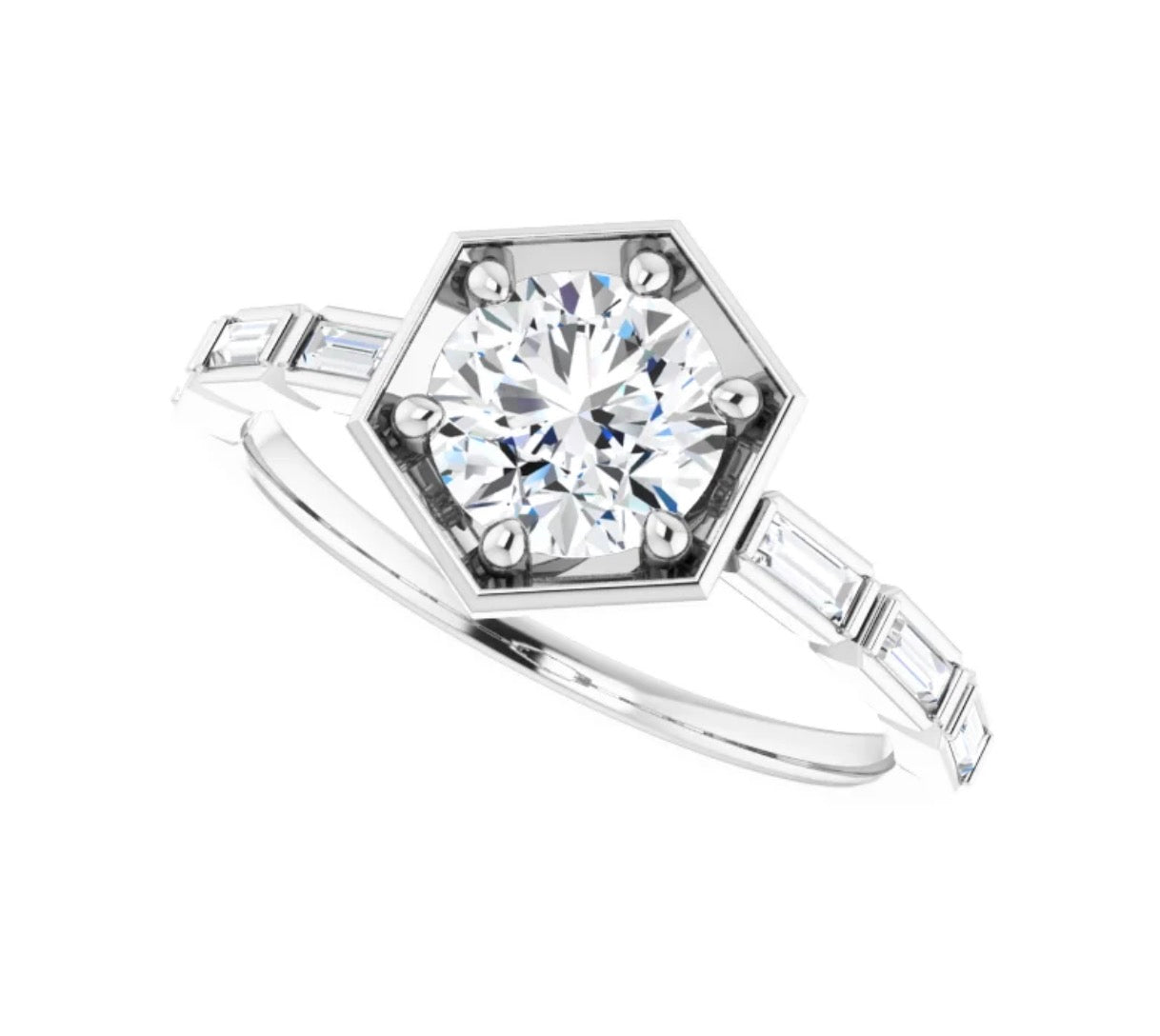 Round Diamond Engagment Ring Setting with Baguette Diamond Sides