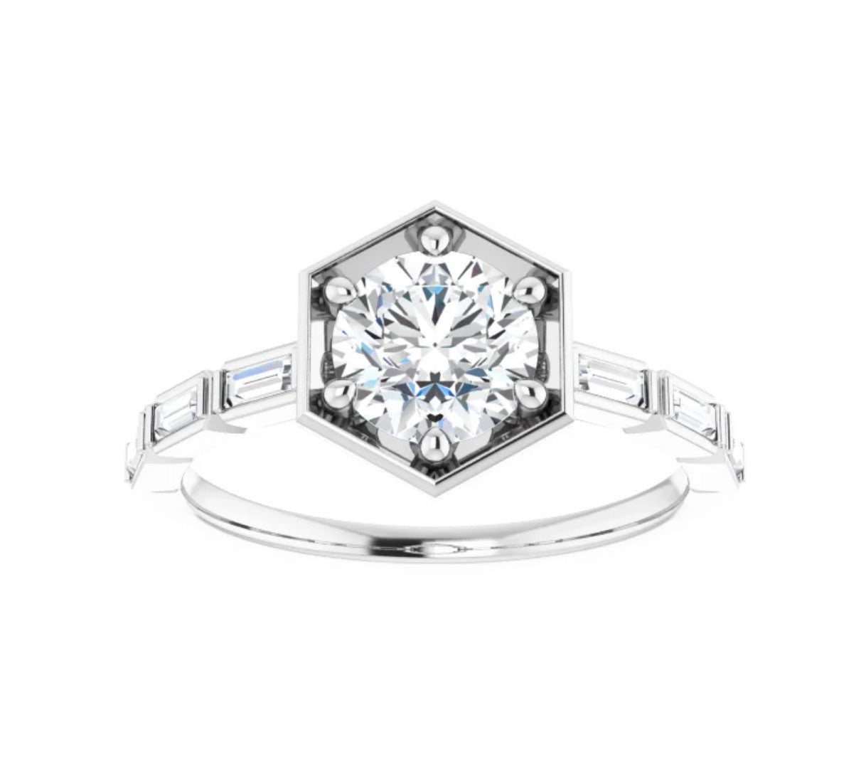Round Diamond Engagment Ring Setting with Baguette Diamond Sides