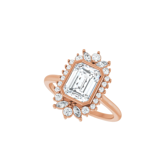 Emerald Cut Diamond Ring Setting with Halo of Mixed Diamonds