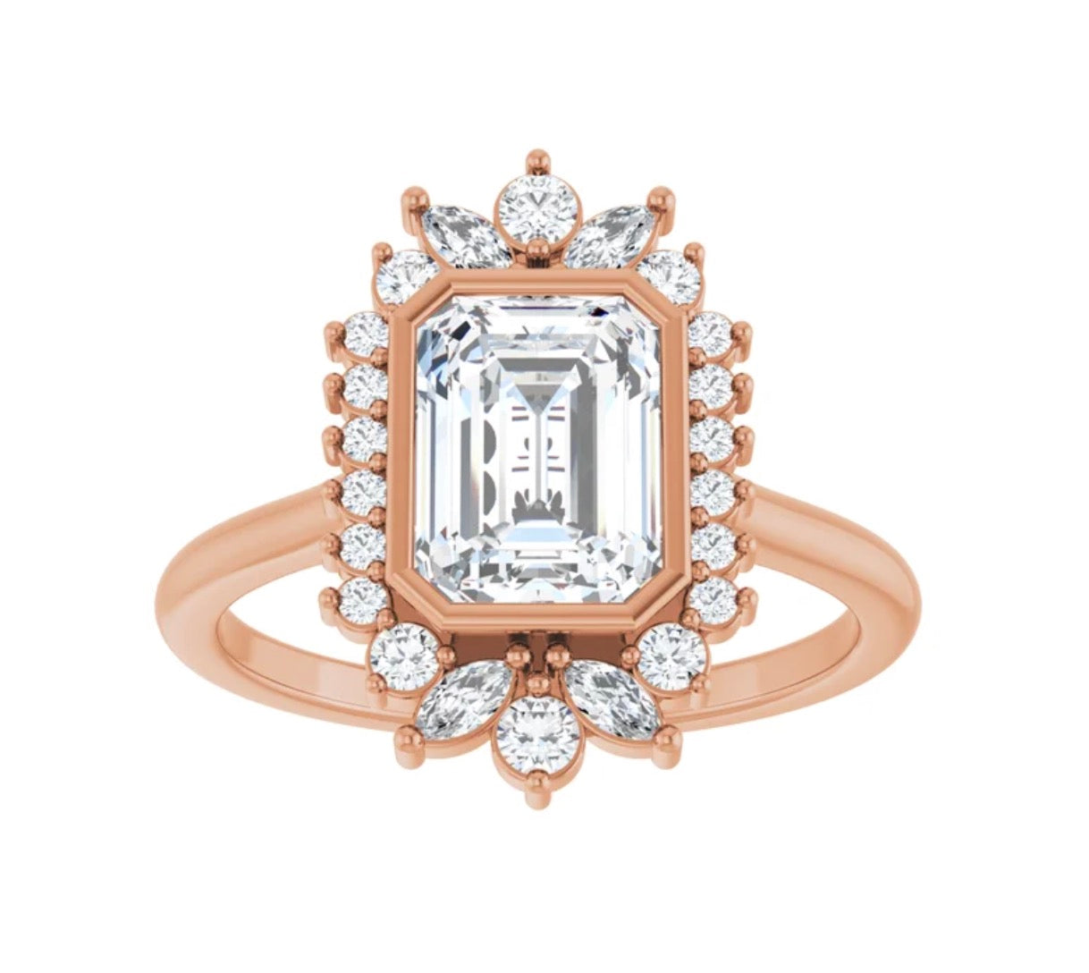 Emerald Cut Diamond Ring Setting with Halo of Mixed Diamonds