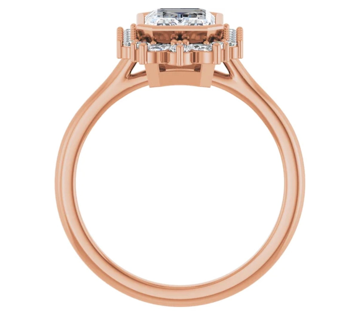 Emerald Cut Diamond Ring Setting with Halo of Mixed Diamonds