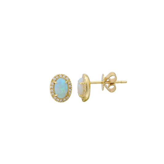 Oval Opal Stud Earrings with Diamond Halo