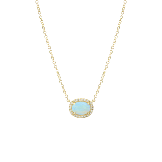 Oval Shaped Opal Pendant Necklace with Diamond Halo in 14K Yellow Gold