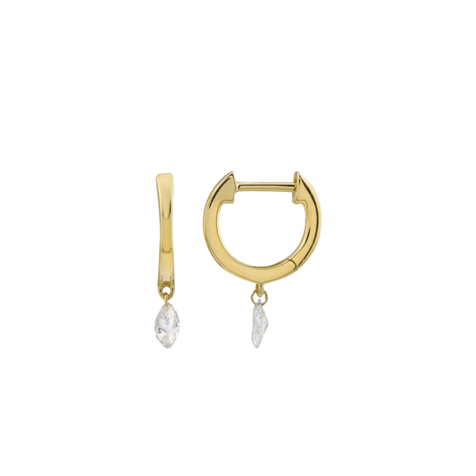 Huggie Hoop Earrings with Floating Marquise Shaped Diamonds in 14K Yellow Gold