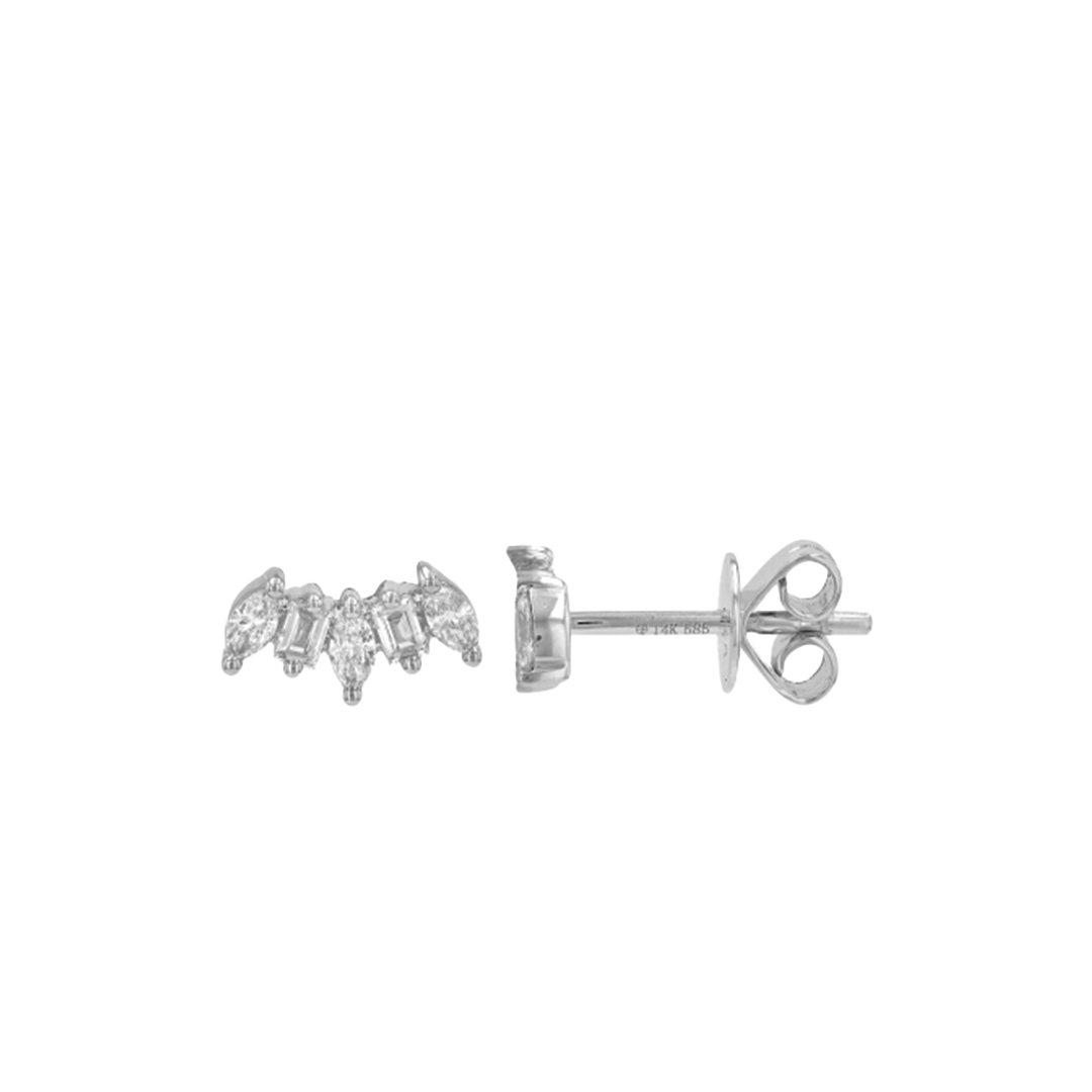 5-Stone Curved Stud Earrings with Baguette and Marquise Cut Diamonds in 14K White Gold