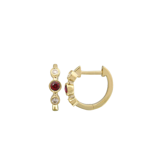 Bezel Set Diamond and Ruby Huggie Hoop Earrings in 14K Yellow Gold