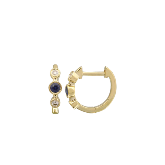 Bezel Set Diamond and Blue Sapphire Huggie Hoop Earrings in 14K Yellow Gold
