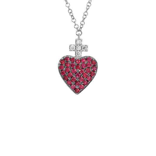 Sacred Heart Pendant Necklace with Ruby and Diamonds in 14K White Gold