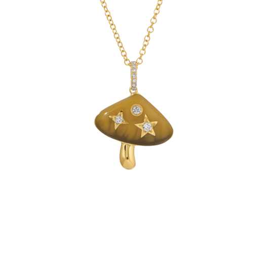 Tigers Eye Mushroom Pendant Necklace with Diamonds in 14K Yellow Gold