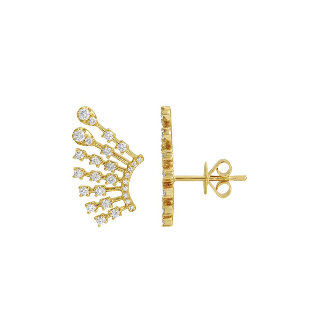Ear Climber Stud Earrings with Prong Set Round Diamonds in 14K Yellow Gold