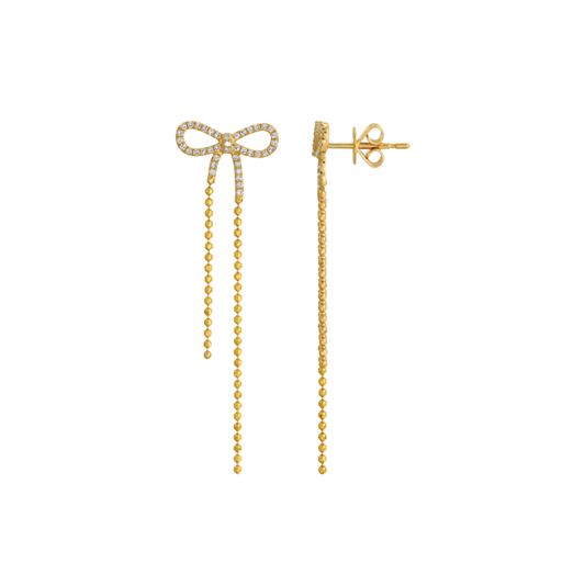 Bow Stud Ball Chain Drop Earrings with Pave Diamonds in 14K Yellow Gold