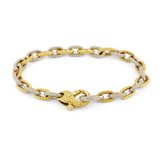 Milgrain Chain Link Bracelet with Diamonds in 18k Yellow Gold and Platinum