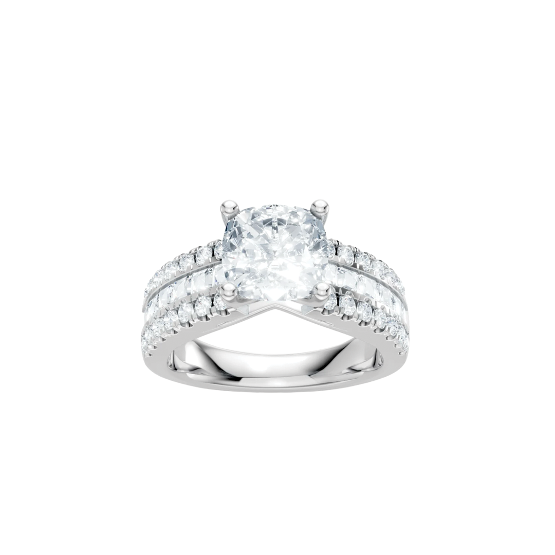 Round Diamond Engagement Ring Setting with 3-Row Mixed Cut Diamond Shank