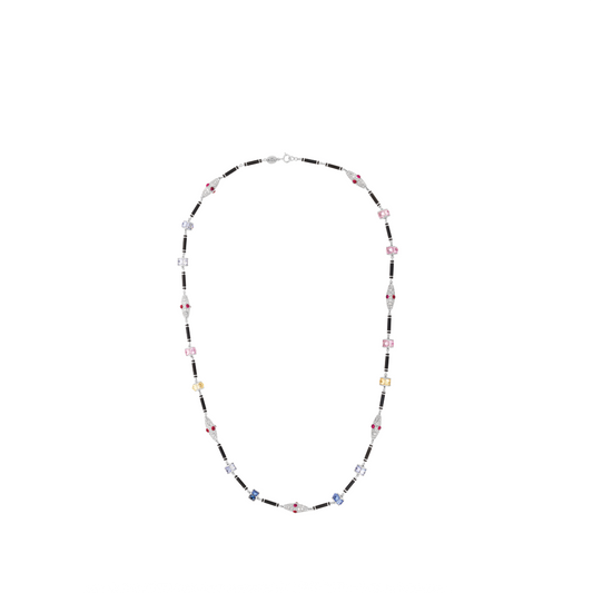 Black Enamel Necklace with Diamonds, Rubies and Sapphires