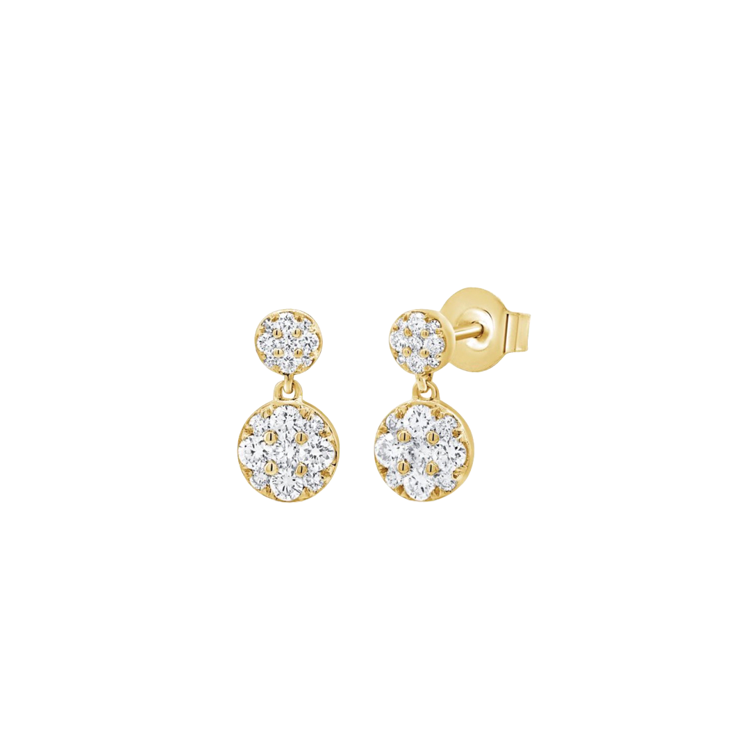 Double Diamond Disc Drop Earrings in Yellow Gold