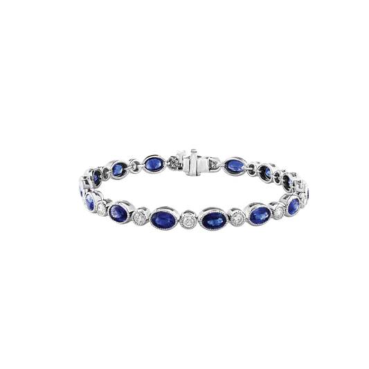 Milgrain Alternating Sapphire and Diamond Line Bracelet in White Gold