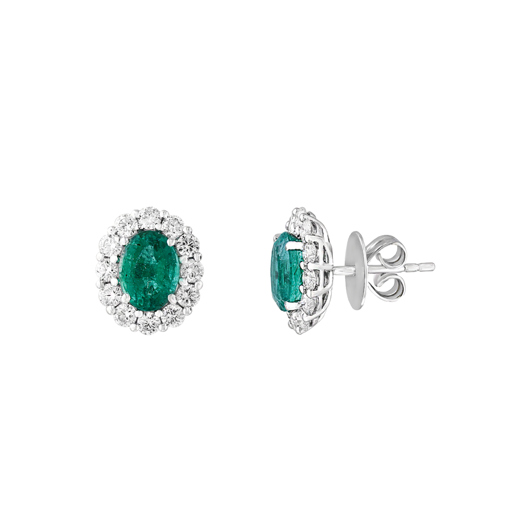 Oval Emerald Stud Earrings with Diamond Halo