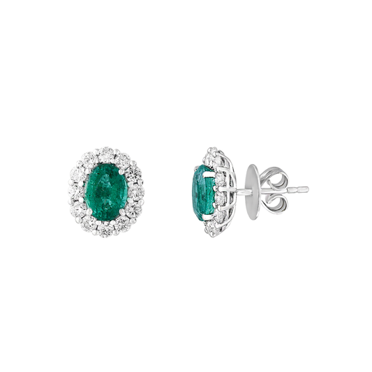 Oval Emerald Stud Earrings with Diamond Halo