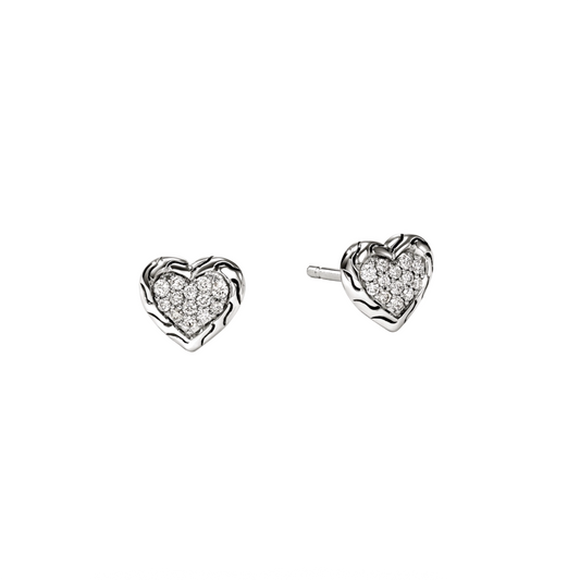 Sterling Silver and Diamond Heart Stud Earrings