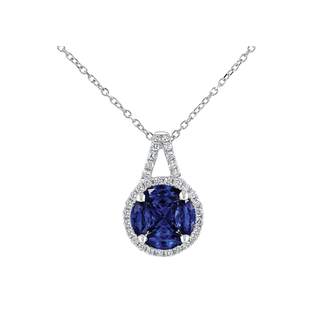 Round Sapphire Cluster Pendant with Diamond Halo