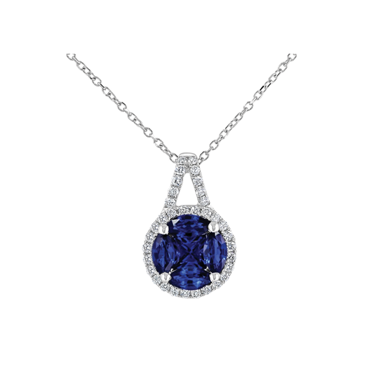 Round Sapphire Cluster Pendant with Diamond Halo