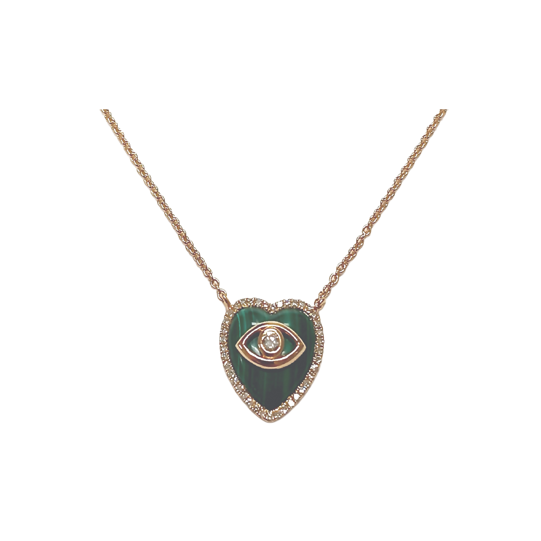 Malachite Heart Necklace with Diamond Evil Eye