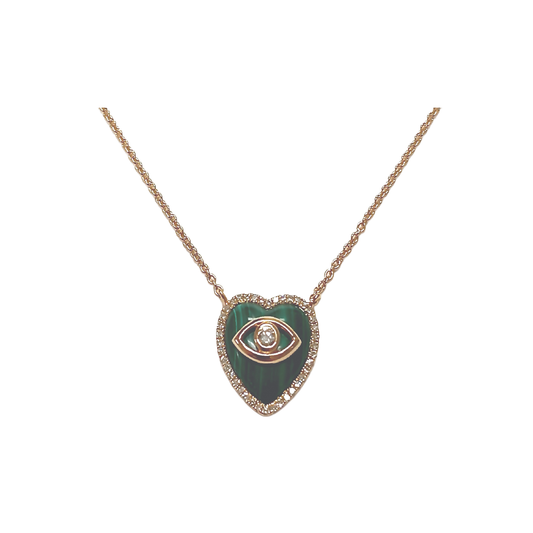 Malachite Heart Necklace with Diamond Evil Eye