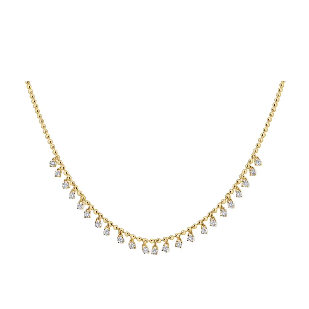 Gold Bead and Prong Set Diamond Fringe Link Necklace