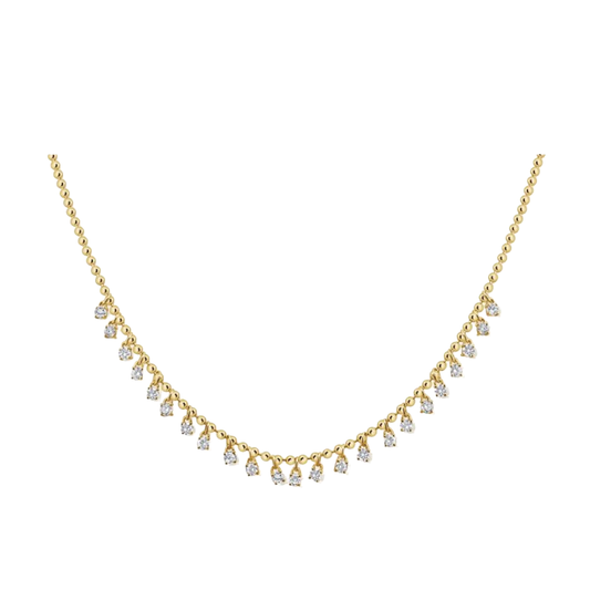 Gold Bead and Prong Set Diamond Fringe Link Necklace