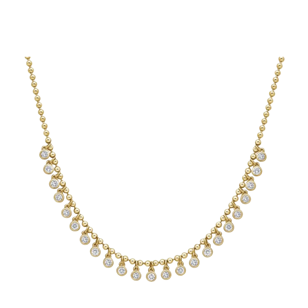 Gold Bead and Bezel Set Diamond Fringe Necklace