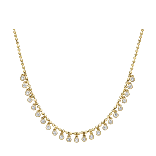 Gold Bead and Bezel Set Diamond Fringe Necklace