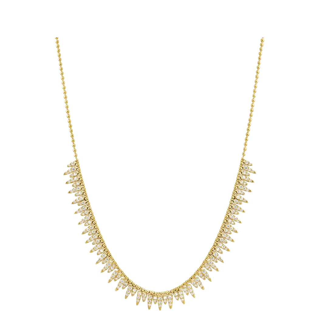 Gold Bead and Diamond Spike Fringe Necklace