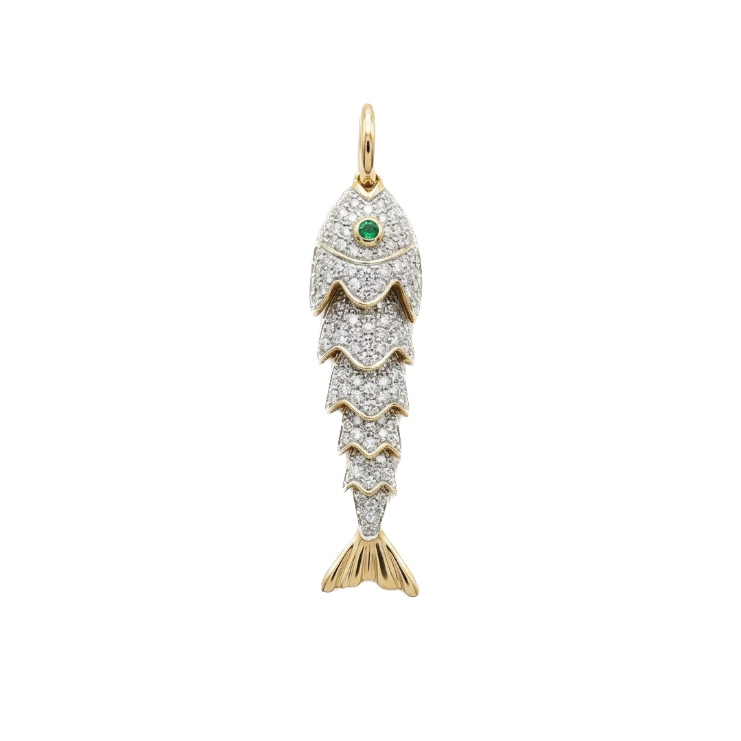 Gold and Diamond Fish Charm with Emerald Eye