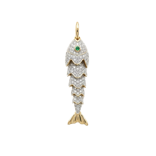 Gold and Diamond Fish Charm with Emerald Eye
