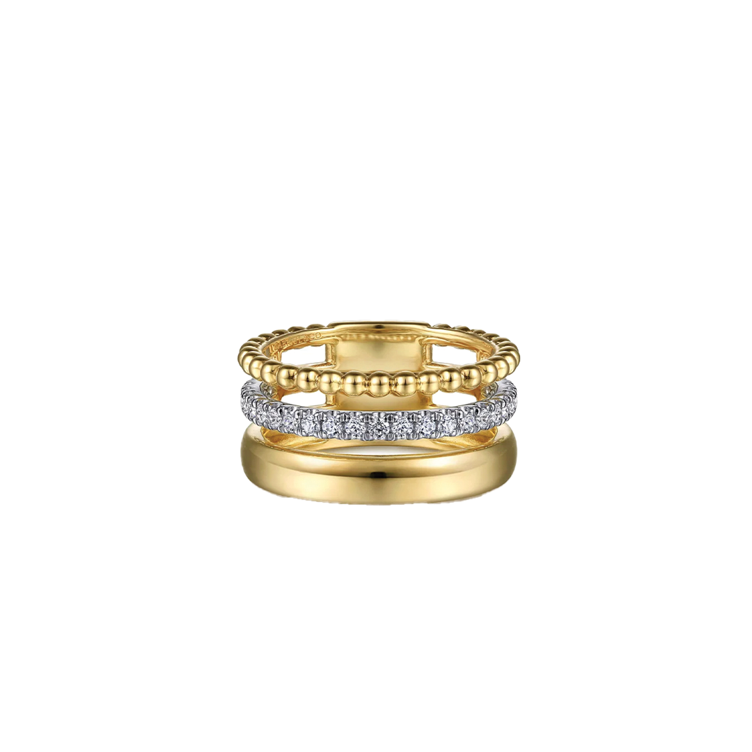 3 Row Beaded, Diamond and Plain Band Ring