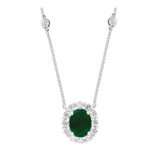 Oval Shaped Emerald Pendant Necklace with Diamond Halo