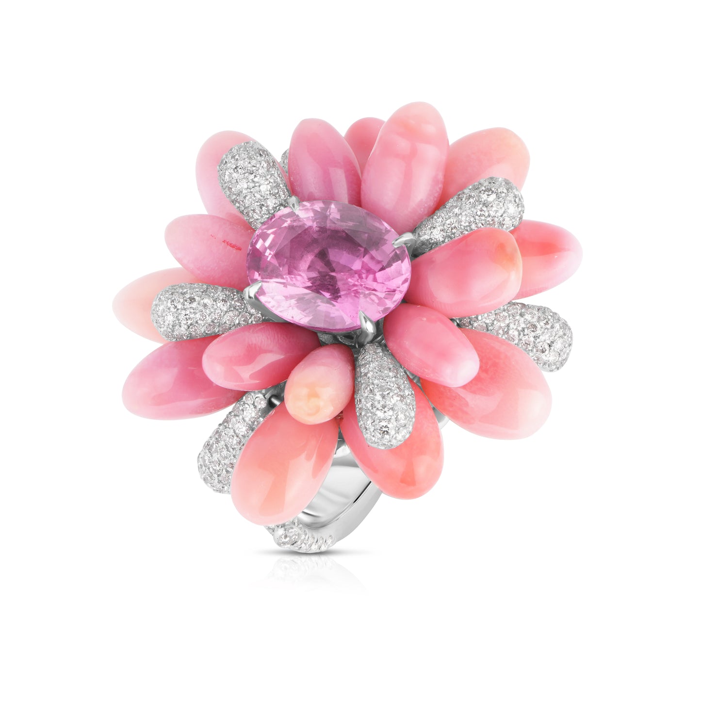 Pink Sapphire and Papardascha Conch Pearl Ring with Diamonds