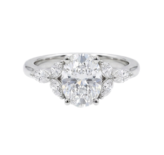 Petal Bloom Engagement Ring with Oval Center Diamond and Marquise Diamond Side Stones