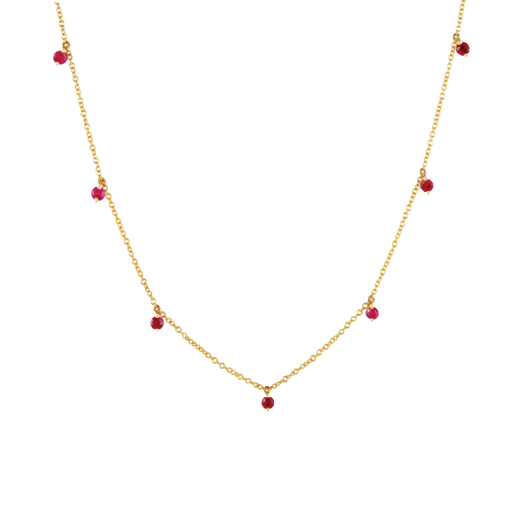 7-Stone Dangling Ruby Necklace in 14K Yellow Gold