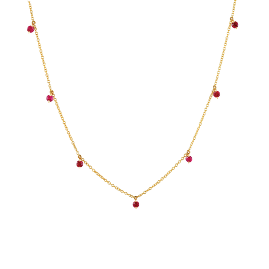 7-Stone Dangling Ruby Necklace in 14K Yellow Gold