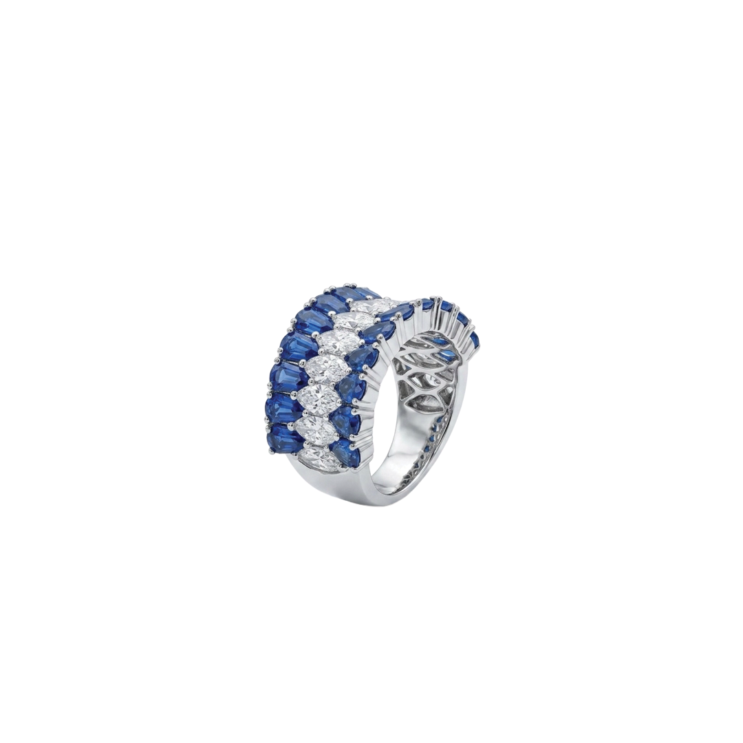 Concave Ring with Blue Sapphires and Diamonds