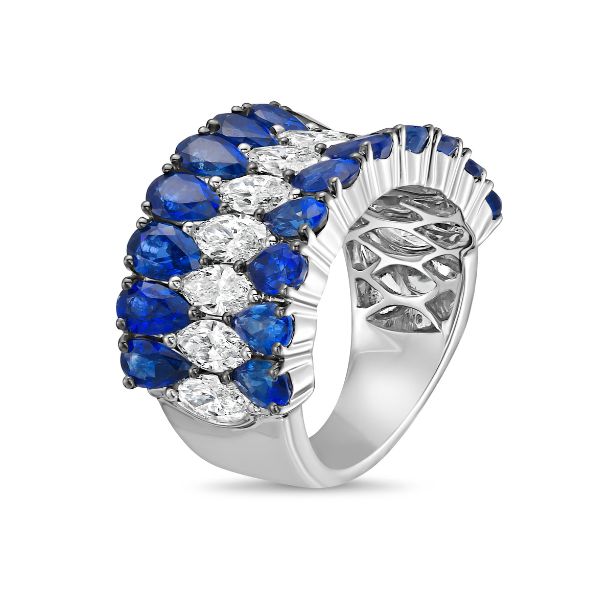 Concave Ring with Blue Sapphires and Diamonds