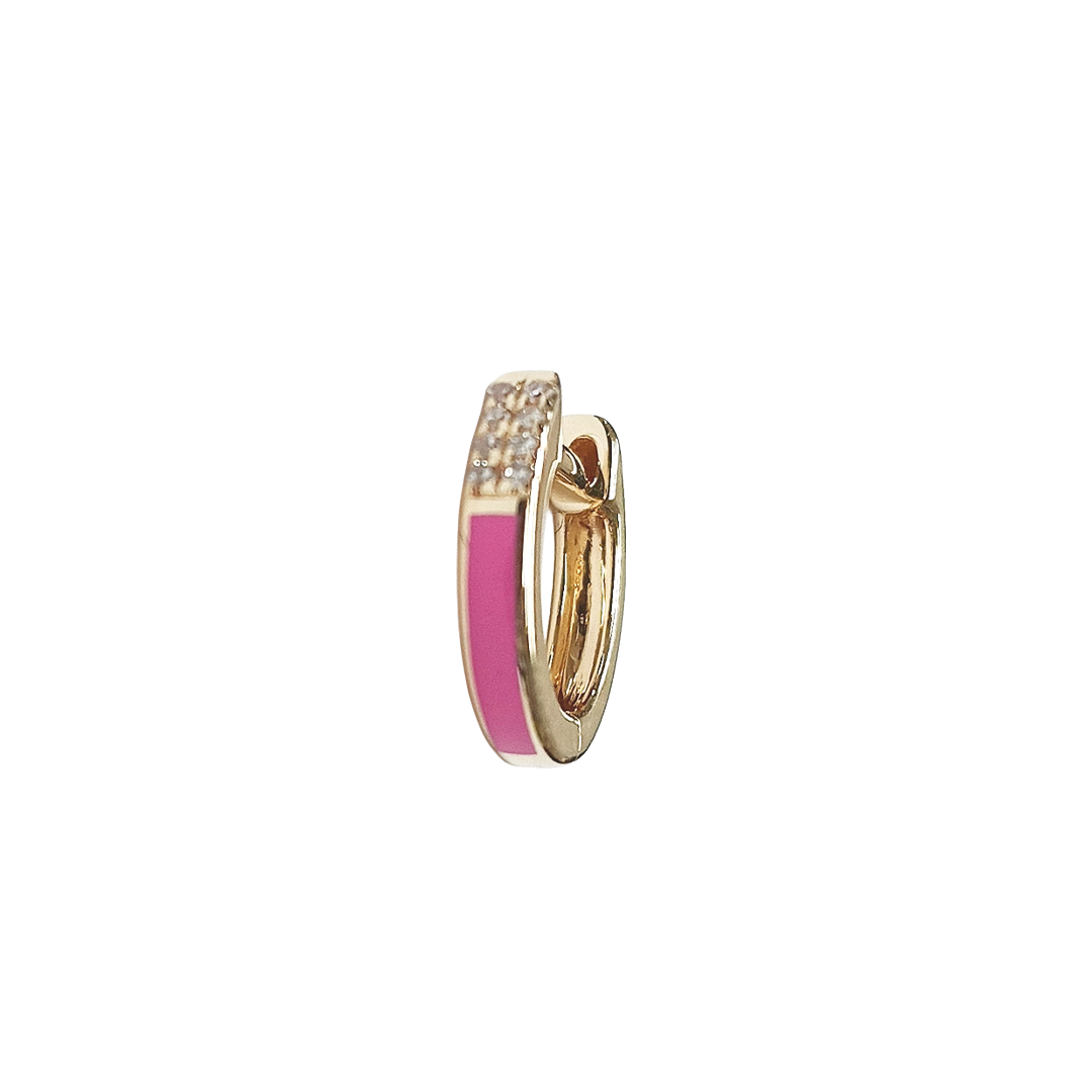 Single Pink Enamel and Diamond Huggie Hoop Earring